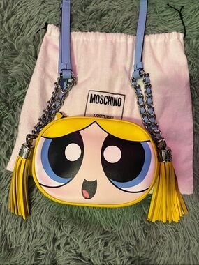 Moschino Yellow Bubbles Character Crossbody Bag with Pastel Blue Straps